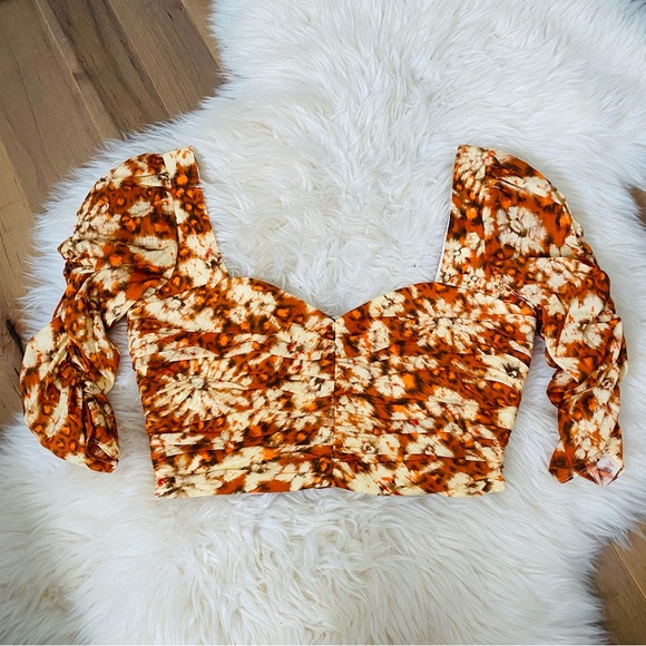 ZARA RUCHED CROP TOP FLORAL ORANGE XS - Picture 7 of 11